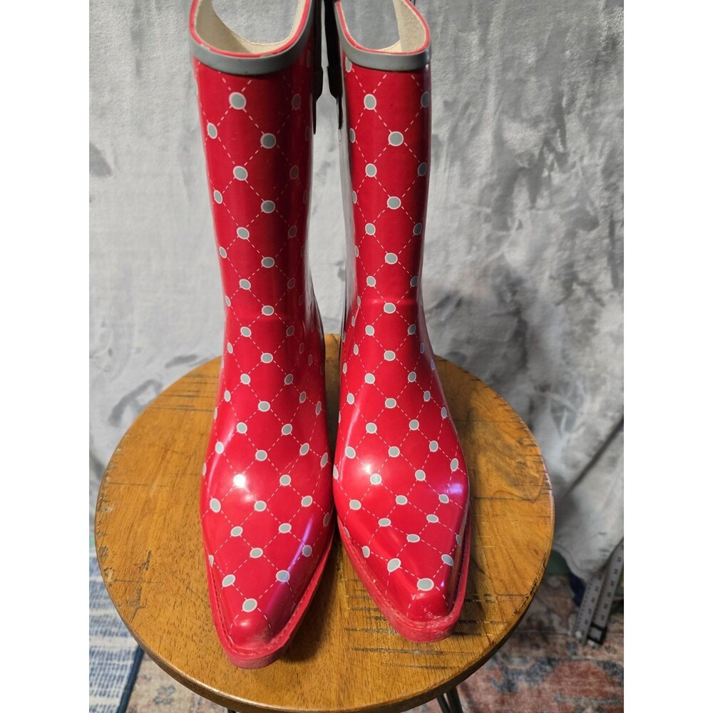 Stadium Stompers Women’s 9 Red Gray Cowboy Rubber Rain Boots Western Garden